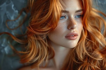 Fototapeta premium Close-up image of a woman with vivid red hair and captivating blue eyes against a textured background