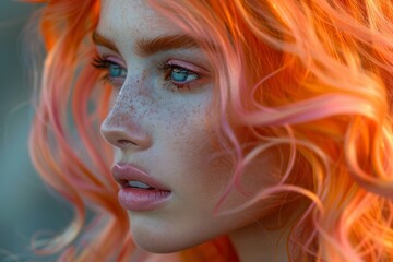 An enchanting close-up of a woman with orange hair and freckles exuding a dreamy, ethereal quality