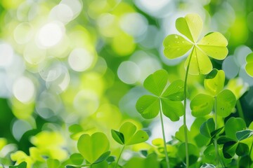 green clover leaves on a summer landscape background. Generative AI
