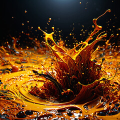 Orange liquid splashing on black background, 3D, rendering, CG Society, Kinetic Art, Rendered in Cinema4d, Behance HD, Vray Tracing, Generative AI