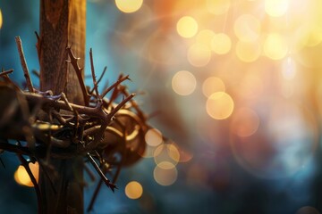 Passion of Jesus - Wooden cross with crown of thorns with abstract blurred light. Generative AI