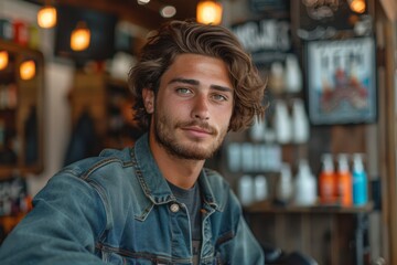 Obraz premium Relaxed portrait of a young man with curly hair and a denim jacket, exuding laid-back confidence
