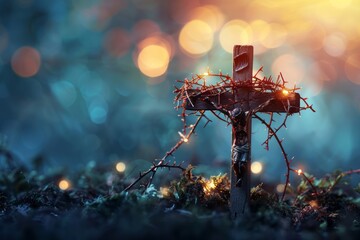 Passion of Jesus - Wooden cross with crown of thorns with abstract blurred light. Generative AI - obrazy, fototapety, plakaty