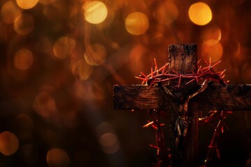 Passion of Jesus - Wooden cross with crown of thorns with abstract blurred light. Generative AI - obrazy, fototapety, plakaty