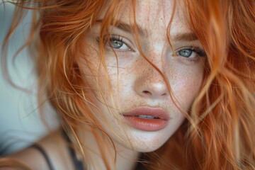 A mesmerizing close-up of a redhead with vivid blue eyes and delicate freckles in a gentle, artistic composition