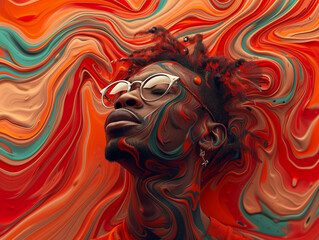 Surreal portrait of man of African descent with abstract swirls of color: artistic image of a young man merged with vibrant, swirling abstract colors