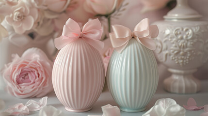 Fototapeta na wymiar Elegant easter eggs with delicate bows and floral decor; pastel colored easter eggs with delicate bows set against a soft floral arrangement with pink roses