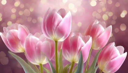 Fototapeta premium Pink Tulips with Sparkling Bokeh Background