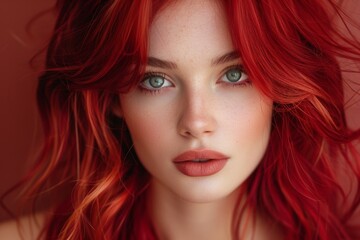 Fototapeta premium Impactful image of a woman with vibrant red hair and intense green eyes against a red background