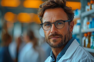 Fototapeta premium A confident male pharmacist with blue glasses in a clinical environment with selective focus