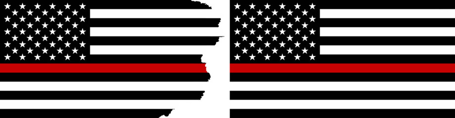 Fireman flags with thin red line vector. Standard flag and with torn edges