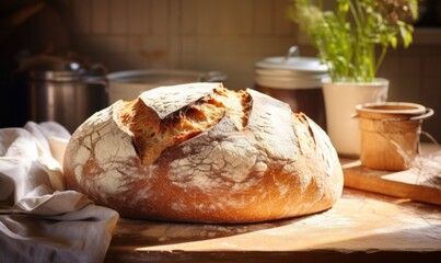 Freshly baked artisan sourdough bread rests on a rustic counter, its golden crust highlighted by soft kitchen light.

