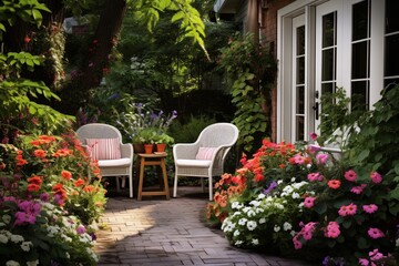 Fototapeta na wymiar Annuals and Perennials: Secret Garden Patio Designs for Vibrant Year-Round Colors