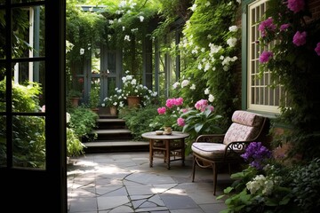 Fototapeta na wymiar Climbing Plants Paradise: Secret Garden Patio Designs for Hidden Corners and Peaceful Atmosphere