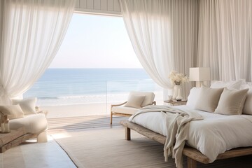 Fototapeta na wymiar Tranquil Beach House Bedroom Decor: Airy Curtains & Gentle Lighting Elegance