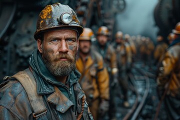 Obraz premium Weathered miner with a steely gaze amidst a group of miners in industrial setting