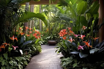 Fotobehang Vibrant Tropical Resort Patio Designs feat. Bird of Paradise Plants and Exotic Foliage © Michael