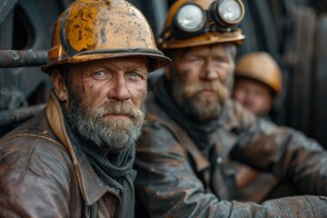 Fototapeta premium Three tired-looking miners with headlamps and helmets covered in dirt, convey the hard work of mining industry