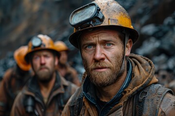 Fototapeta premium Intense close-up of a miner's face, showing the grit and fatigue of his labor-intensive occupation