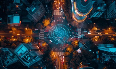 Overhead view of a vibrant city at night, with illuminated, colorful light trails depicting the...
