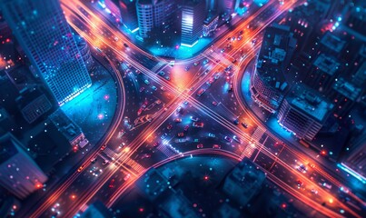 Overhead view of a vibrant city at night, with illuminated, colorful light trails depicting the bustling urban traffic flow.

