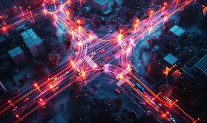 Overhead view of a vibrant city at night, with illuminated, colorful light trails depicting the bustling urban traffic flow.

