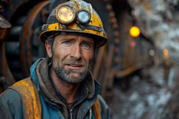 Fototapeta premium Smiling coal miner with a helmet and light against a dark background