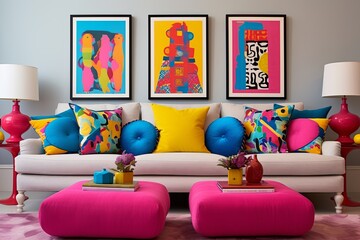 Vibrant Pop Art Living Room Decor: Bright Cushions & Playful Design Delight