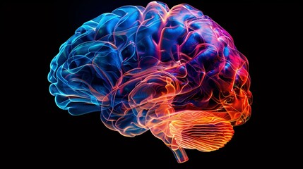 a colorful brain with red and blue lights - obrazy, fototapety, plakaty