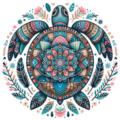 Boho style turtle illustration featuring mandala and floral patterns, in a folk art style.