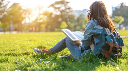  Silhouette of Young Woman Reading a Book Outdoors on Grass