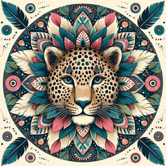 Boho style leopard illustration featuring mandala and floral patterns, in a folk art style.