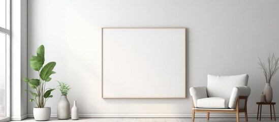 This is a fashionable modern loft interior featuring a white room with a sleek chair and an empty picture frame placed in a horizontal arrangement.