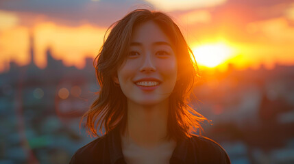 A happy young Asian woman with a glowing smile enjoys the sunset over an urban skyline.