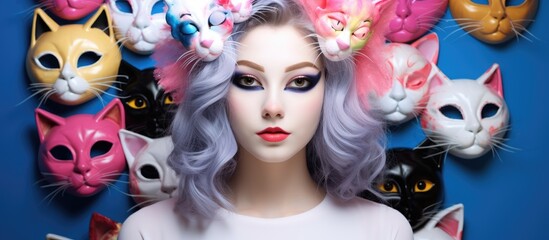 Naklejka premium A teenage woman is adorned with a multitude of cats perched on her head, playfully interacting with each other. The woman is wearing a cat carnival mask and Neko ears, embodying a whimsical and