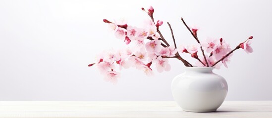 A white vase filled with pink flowers, specifically a flowering pink cherry branch, sitting on top of a table. The background is white and there is a soft focus on the arrangement.