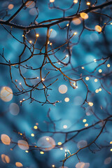 Abstract blurred bokeh background. gold particles on defocused tree leaf background