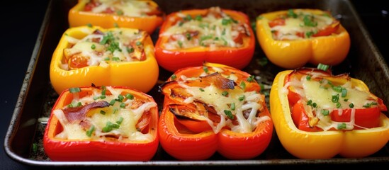 A pan filled with freshly baked stuffed peppers, each one overflowing with a savory mixture of sweet peppers, tomatoes, cheese, and bacon. The golden cheese on top is melted to perfection, creating a
