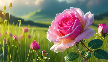 Pink Rose in Sunlit Field