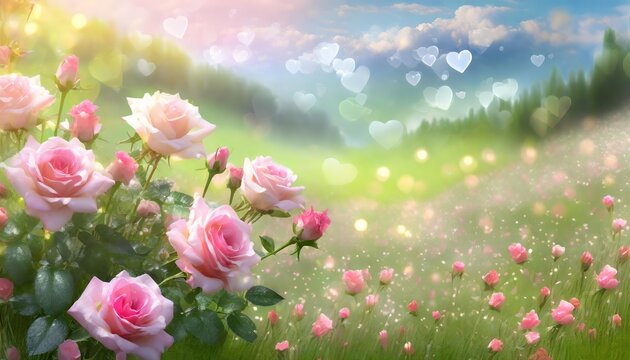 Romantic Pink Roses in Dreamy Meadow Landscape