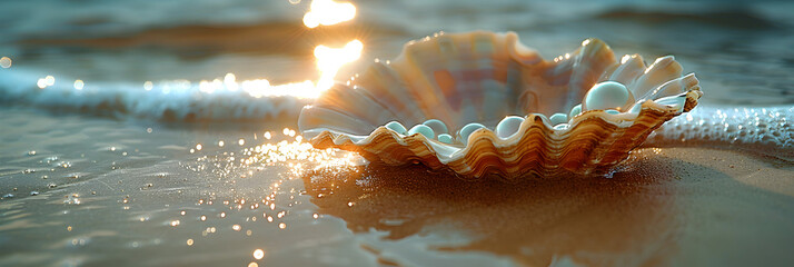 sea Specie on the beach,
 Pearl Oyster Rests on a Sandy Shore - obrazy, fototapety, plakaty