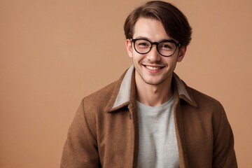 Friendly man wearing warm clothes and glasses, smiling and looking at the camera, standing on a peach background with copy space.