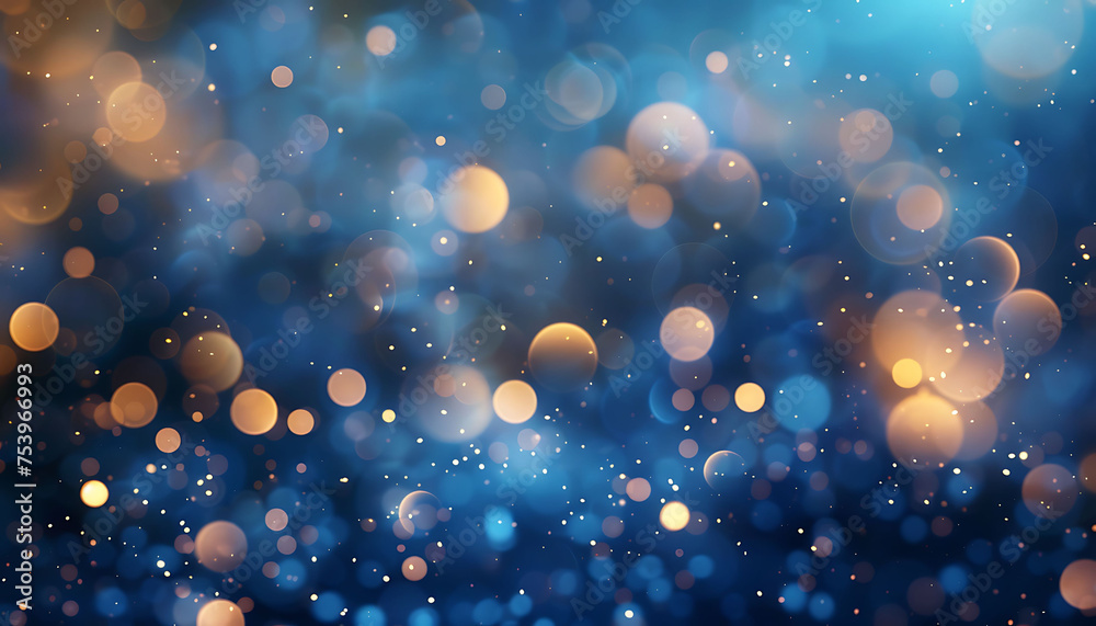 Poster abstract blurred bokeh background. gold particles on a defocused blue background