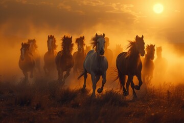 Fototapeta premium photography of a pack of wild horses galloping through a dust cloud in the desert at sunset