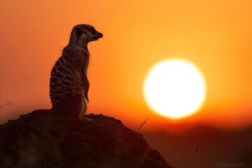 A meerkat standing guard silhouetted against the setting sun