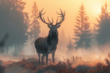 A majestic stag with a full crown of antlers standing in a foggy forest clearing at sunrise