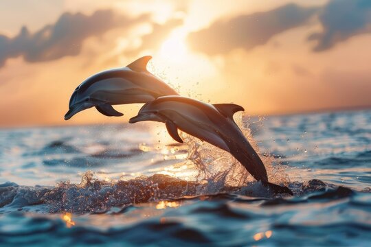 A pair of dolphins leaping joyfully from the ocean waves at dawn symbolizing freedom and playfulness