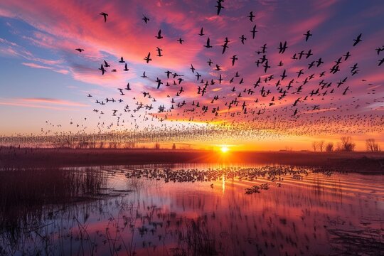 A panoramic view of a vast bird migration over a wetland at sunrise
