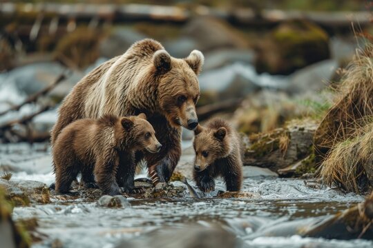 A mother bear teaching her cubs to fish in a mountain stream capturing a moment of learning and survival