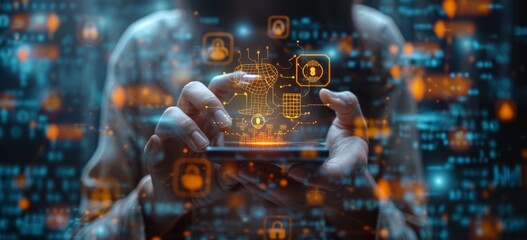 Fototapeta premium A person holds an iPad with digital safety symbols floating above the screen and hands interacting with the touch screen. Data visualization